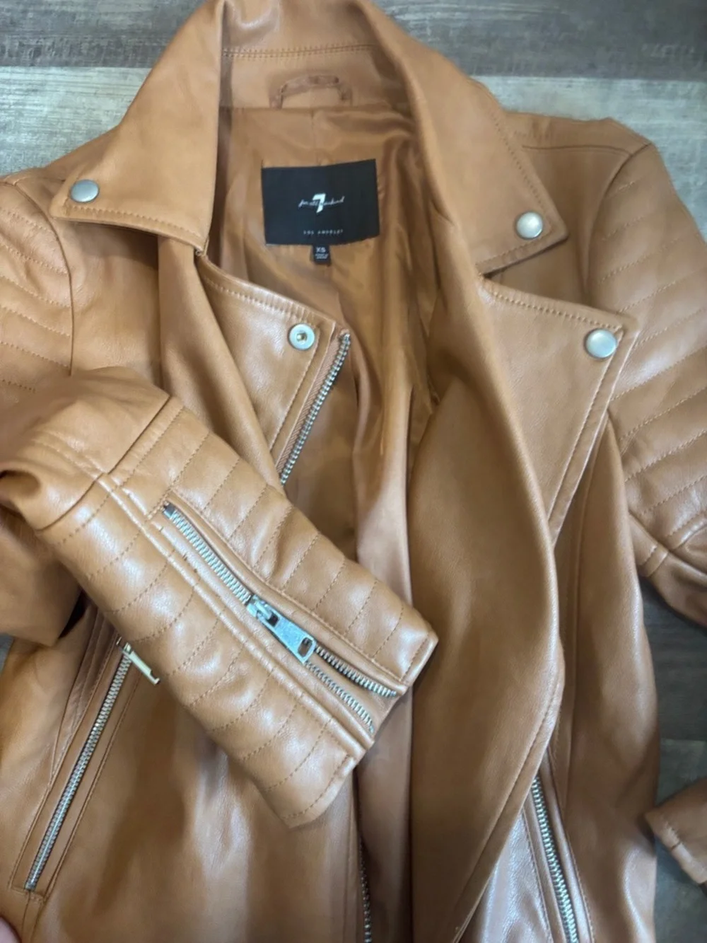 7 For All Mankind Camel Brown Vegan Leather Moto Jacket size xs